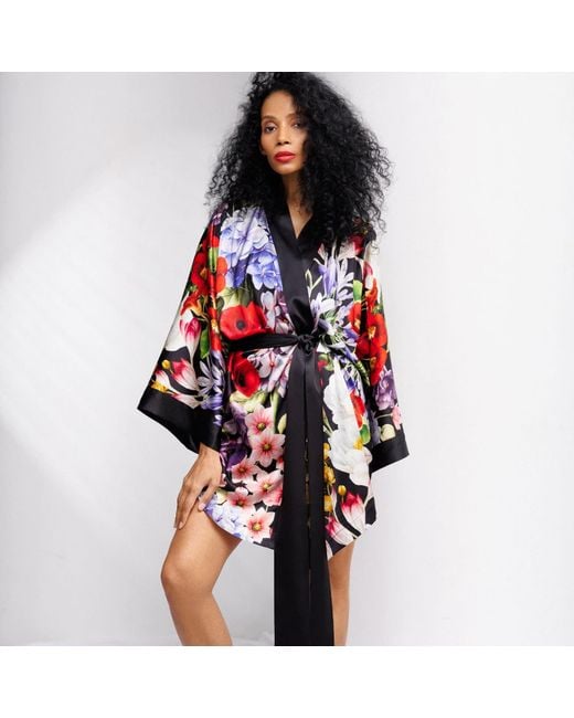 Vimissia Blue Wild Bloom Short Silk Kimono Stile Robe