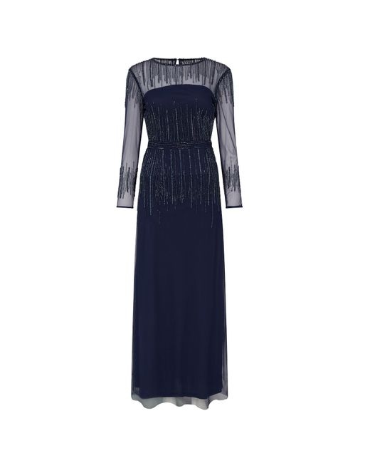 Raishma Blue Navy Laurel Featuring Sheer Long Sleeves & Delicate Vertical Lines Of Embroidery In Key Areas Gown