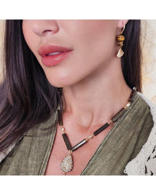 Farra Metallic Elegance Tiger-Eye Stone With Fan Dangle Earrings
