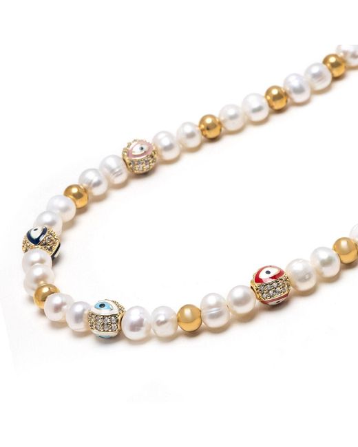 Nialaya Metallic Evil Eye Pearl Necklace for men
