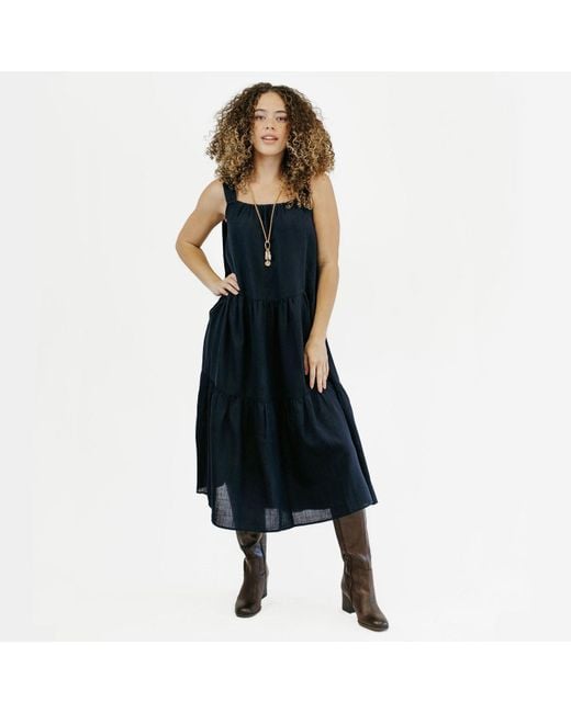 Zenzee Blue Cotton Linen Gathered Strap Tiered Dress