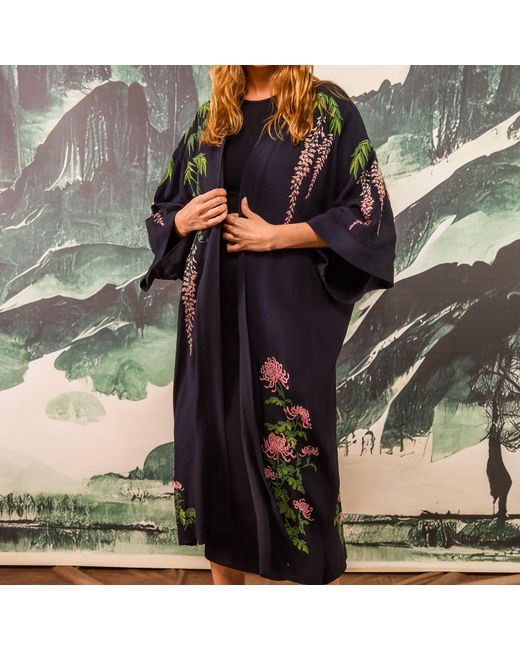 Artemis Muse Black Wisteria & Chrysanthemum Embroidered & Fully Lined Long Kimono