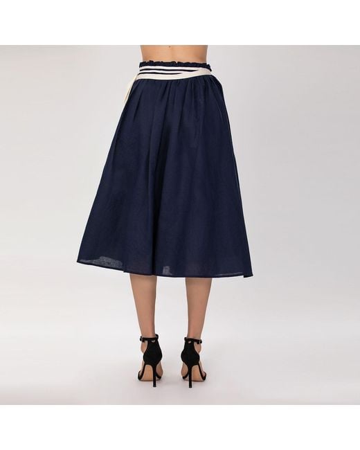 Smart and Joy Blue Flared Linen Midi Skirt