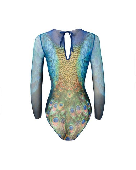 Rodasoleil Smart Swimwear Blue Tan-Through Mesh One-Piece Swimsuit With Sleeves Peacock Mayura