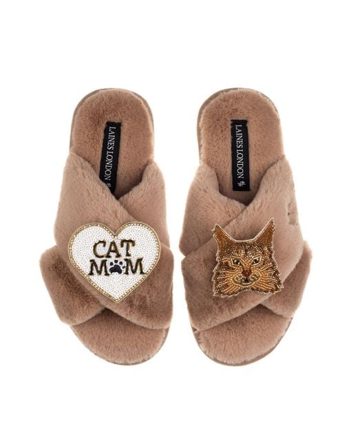 Laines London Brown Neutrals Classic Laines Slippers With Cat Mum/Mom & Maine Coon Cat Brooches