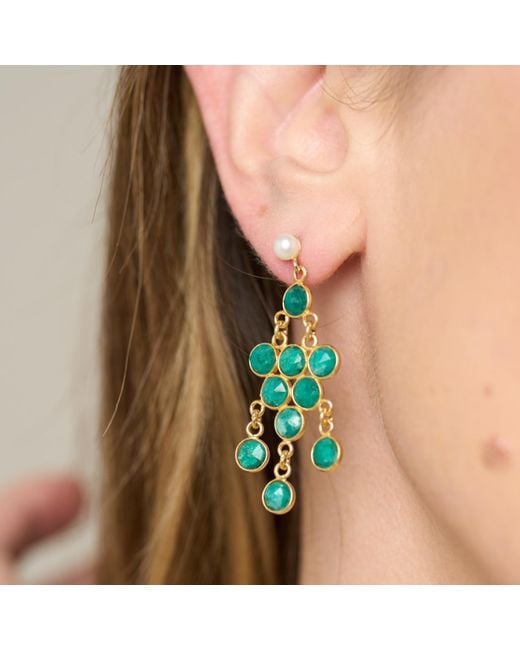 Pearls of the Orient Online Green Clara Cultured Freshwater Pearl Earrings & Emerald Chandelier Earrings