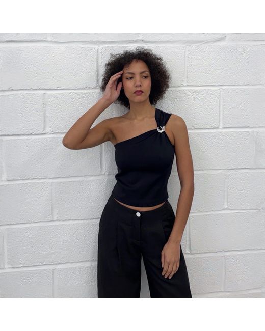 London Atelier Byproduct Black One Shoulder Top With Brooch