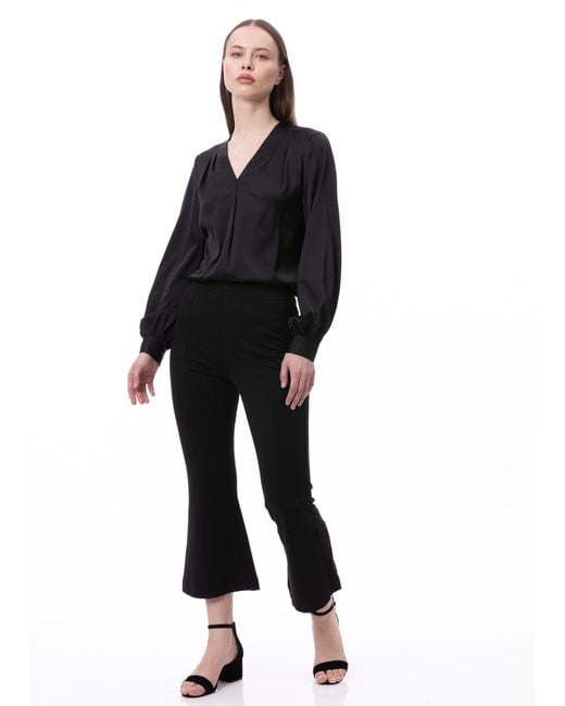 Carloslines Blue V-Neck Pleat Detail Balloon Long Sleeve Blouse