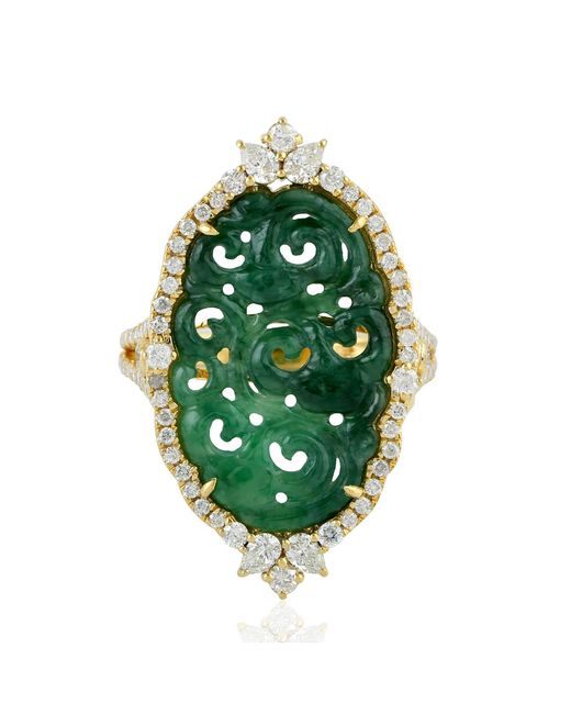 Artisan Green Oval Carved Jade & Diamond Ring