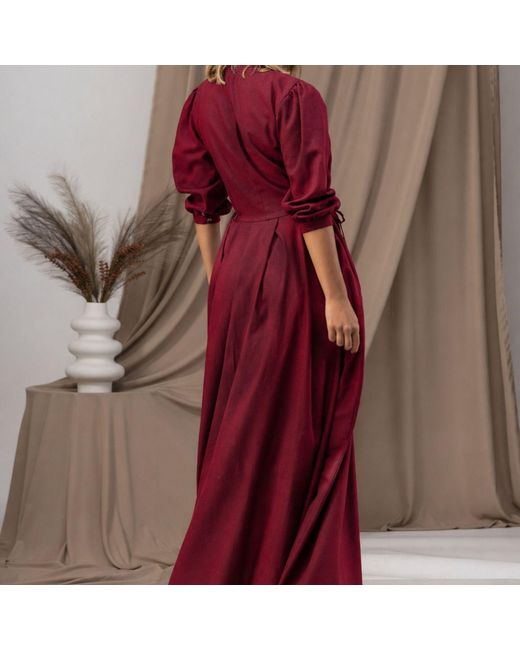 Nikka Place Red Long Linen Formal Dress With Bracelet Sleeves
