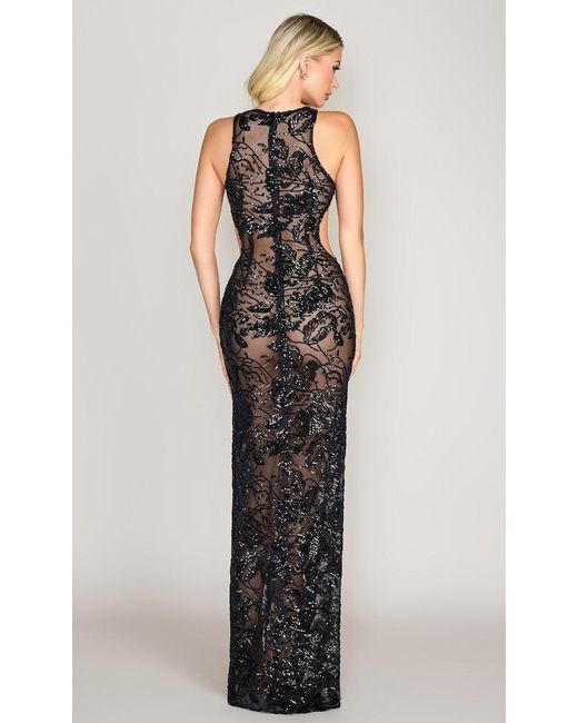 Moda Glam Black Vixen Lace-Up Sheer Sequin Gown