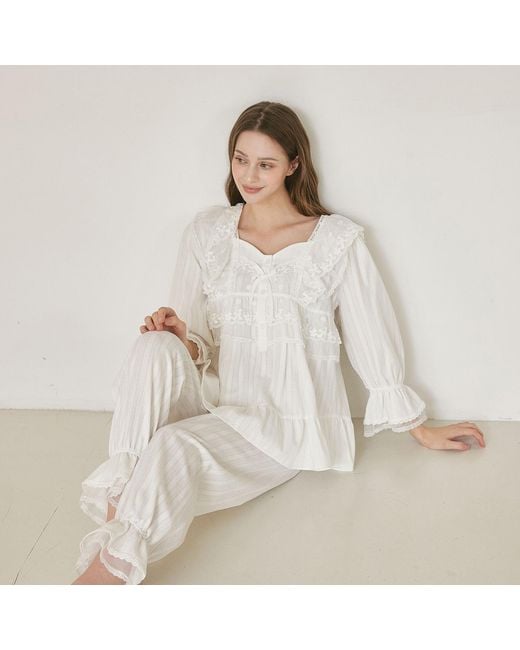 Luna Luz White Angelring Cotton Embroidered Square-Neck Long-Sleeve Pajama Set