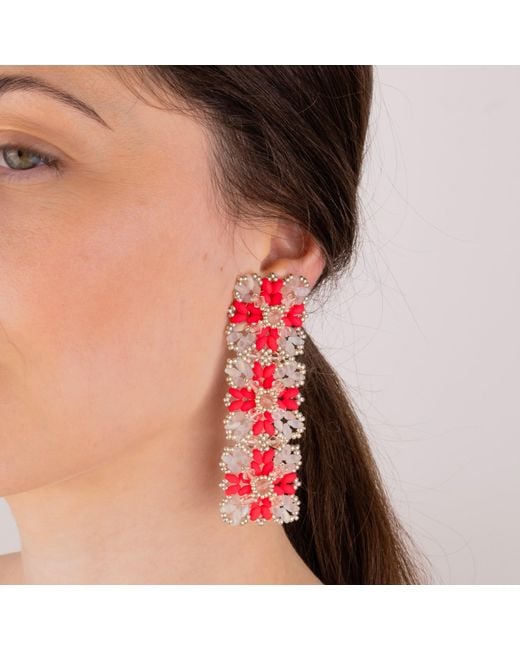 Oana Savu Pink Glass Beads & Lace Design Long Elegant Earrings