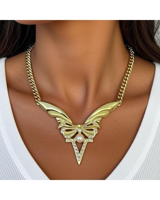 Caramel Vintage Jewellery Metallic Winged Pearl Statement Necklace
