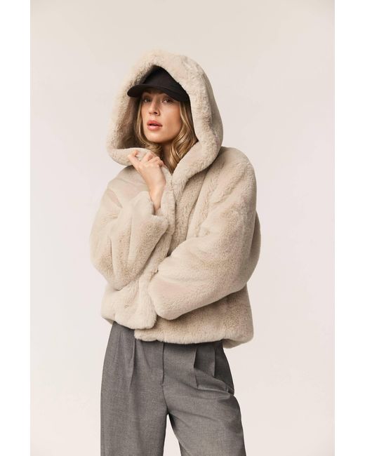 ISSY LONDON White Neutrals Jade Hooded Luxe Recycled Vegan Faux Fur Jacket Neutral