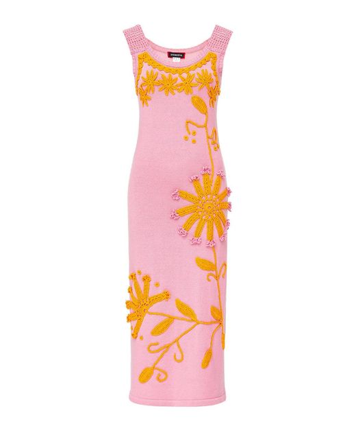 Andreeva White Golden Daisy Knit Dress With Handmade Embroidery