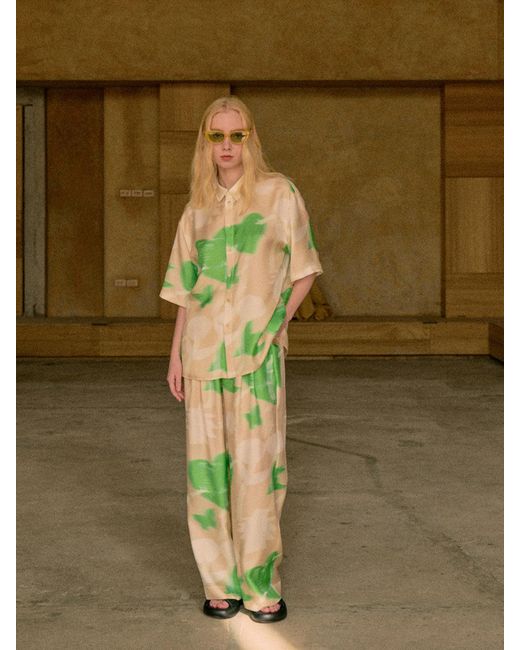 Lost Pattern Green Frida's Dream Wide-Leg Silk Pants