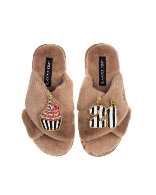 Laines London Brown Classic Laines Slippers With Stripe 21St Birthday & Cake Brooches