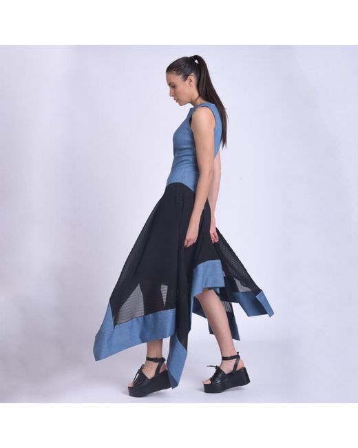 Metamorph Blue Asymmetric Denim Chiffon Dress