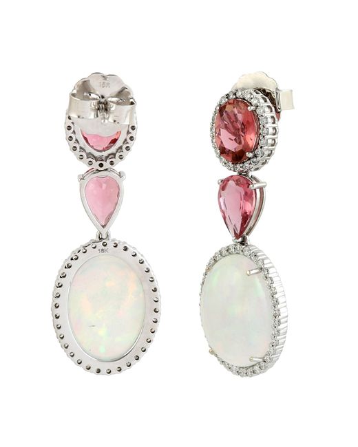 Artisan Blue Pink Tourmaline & Ethiopian Opal Gemstone Pave Diamond In 18k White Gold Dangle Earrings