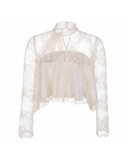 Modenaire White Lace Overlay Crop Top With Sheer Long Sleeves And Bow Tie Detail