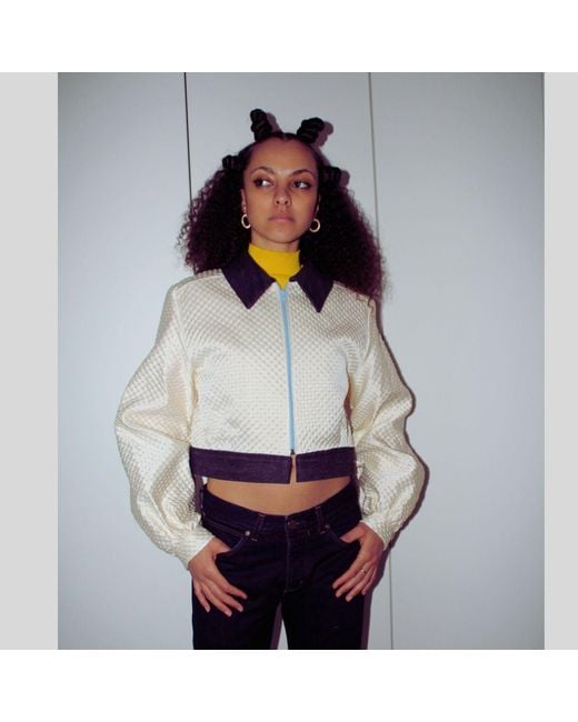 Couture to Your Door Blue Neutrals Ivory Waffle Upcycled Bomber Jacket