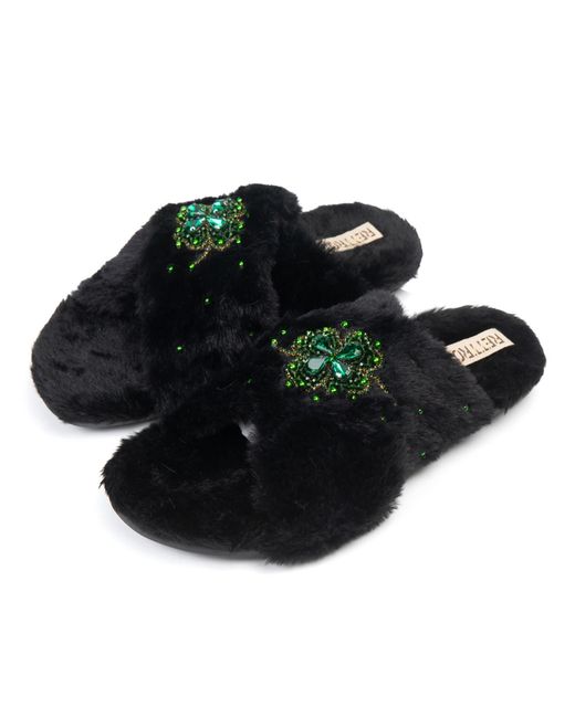 Rettrose Black Emma Luxury Plush Diamanté Embellished Handmade Slipper