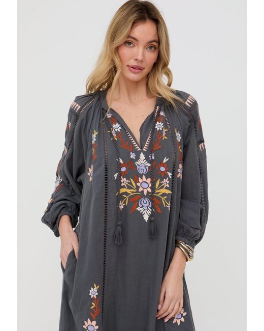 Raffya Gray Elisa Kaftan Style Embroidered Maxi Dress