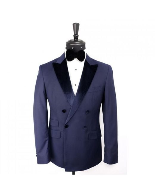 DAVID WEJ Blue Alfredo Dress Double Breasted Velvet Peak Lapel Tuxedo Set – for men