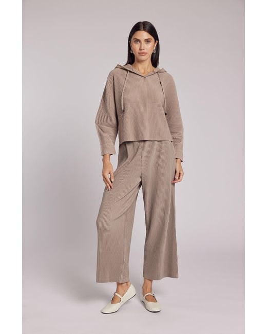 Wild Cosmos Brown Neutrals Vivian Hooded Double Knit Plissé Pull Over