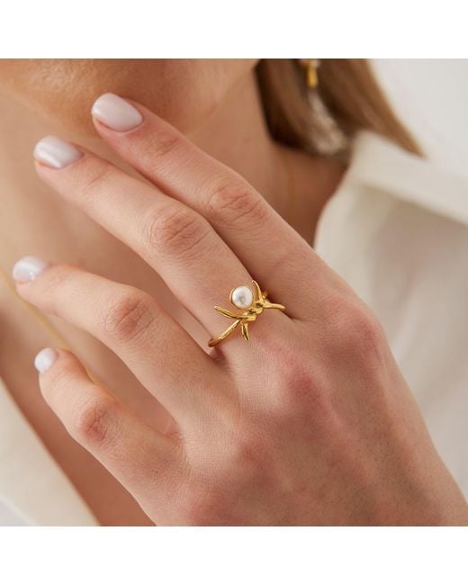 Spero London Metallic Barbed Wire Design Pearl Adjustable Sterling Natural Hammered Ring