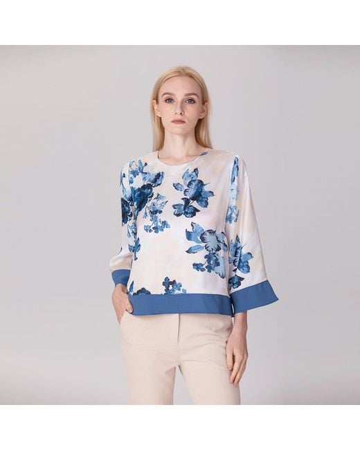 Smart and Joy Blue Satin Blouse With Contrasting Floral Print