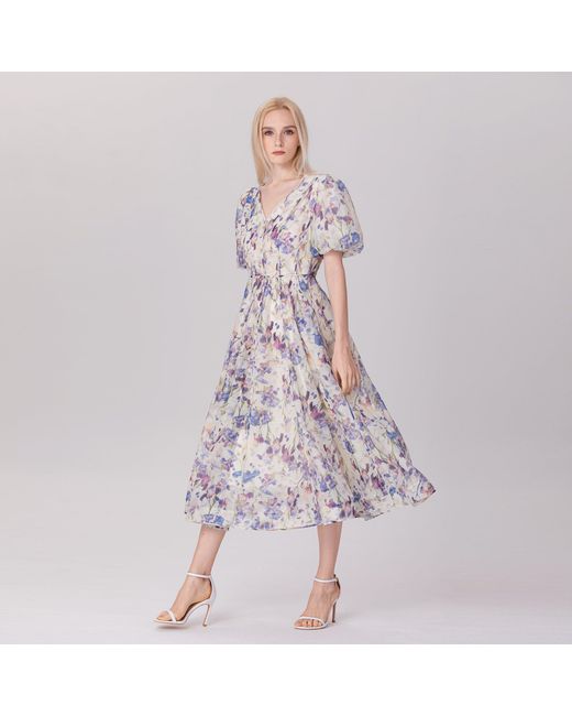 Smart and Joy Multicolor Neutrals Flower Print Fit-And-Flare Tea Organza Dress