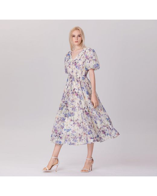 Smart and Joy Multicolor Neutrals / Flower Print Fit-and-flare Tea Organza Dress