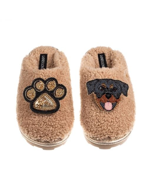 Laines London Metallic Neutrals Teddy Closed Toe Slippers With Paw & Rottweiler Brooches