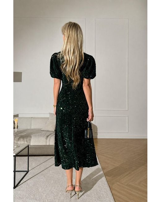 POST MERIDIEM Black Emerald Decorated Velvet Puff Sleeve Midi Dress