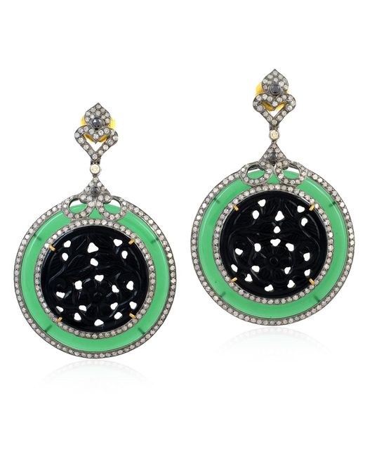 Artisan 18k Gold Silver With Carved Black & Green Onyx Gemstone Pave Diamond Dangle Earrings