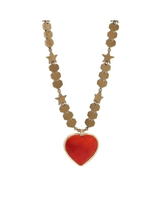 Ebru Jewelry Red Murano Glass Heart Pendant Heart & Star Beaded Necklace