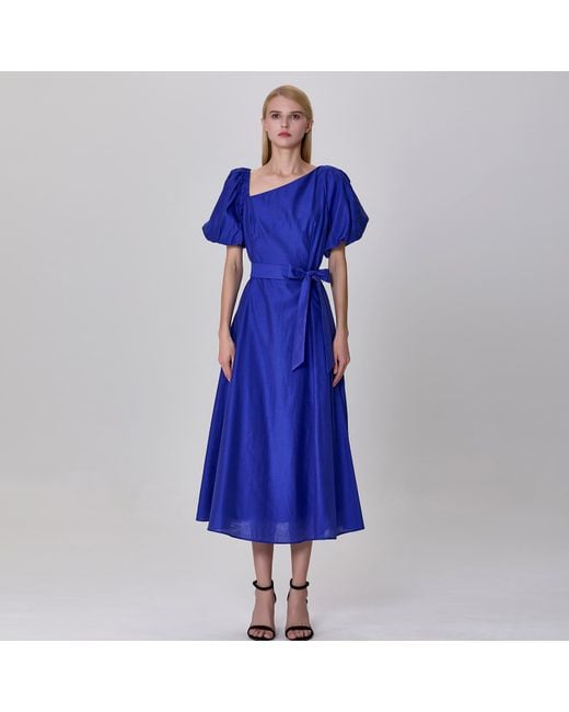 Smart and Joy Blue Fit-And-Flare Asymmetric Collar Dress
