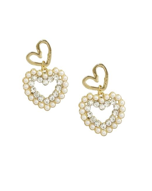 Maison De Gala Metallic Pearl & Crystal Halo Heart Drop Earrings