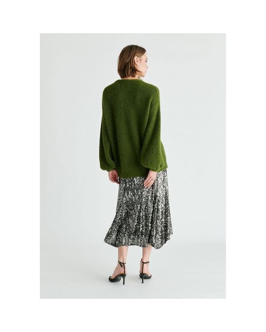 Paisie Green Balloon Sleeves Jumper With Cable Details