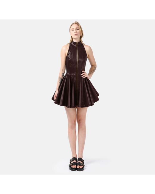 Kargede Brown Pleated Chocolate Leather Mini Dress – Evening Zip Up With High Neck & Designer Faux