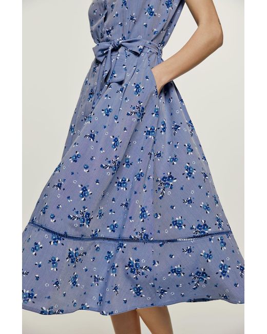 Conquista Blue Indigo Floral Button Detail Dress