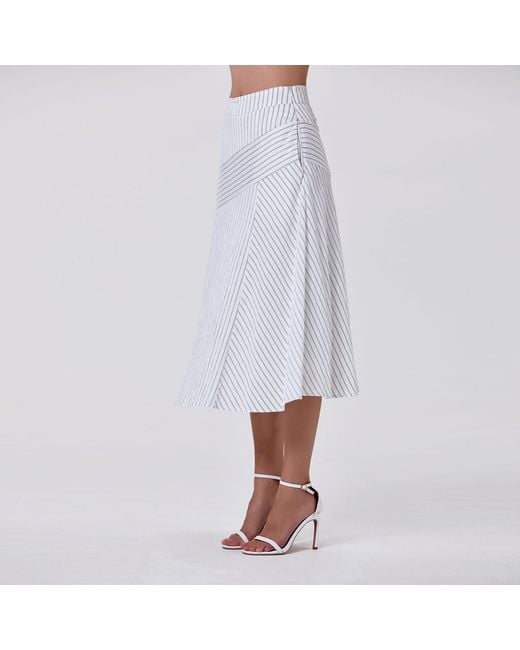 Smart and Joy White Flared Midi Skirt With Stripes