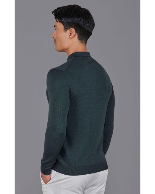 Paul James Knitwear Green Extra Fine Merino Wool Turner Long Sleeve Polo Shirt for men