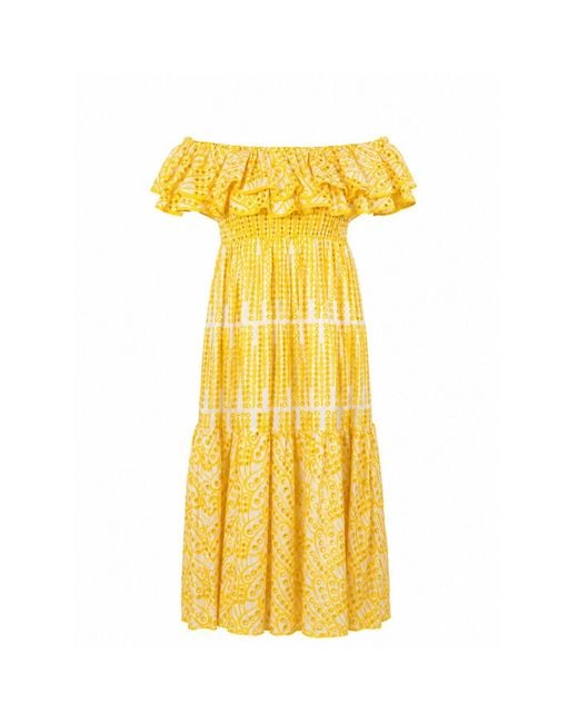 AMAANALUX Yellow Broderie Anglaise Ruffle Midi Dress