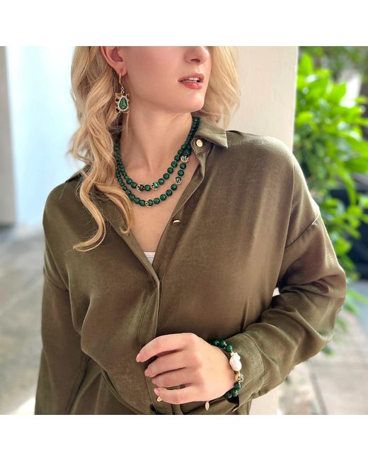 Farra Green Christmas Malachite With Baroque Pearl Adjustable Bracelet