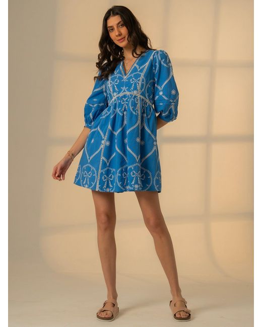 Rose & Nancy Blue Charlie Embroidered Bow Mini Dress