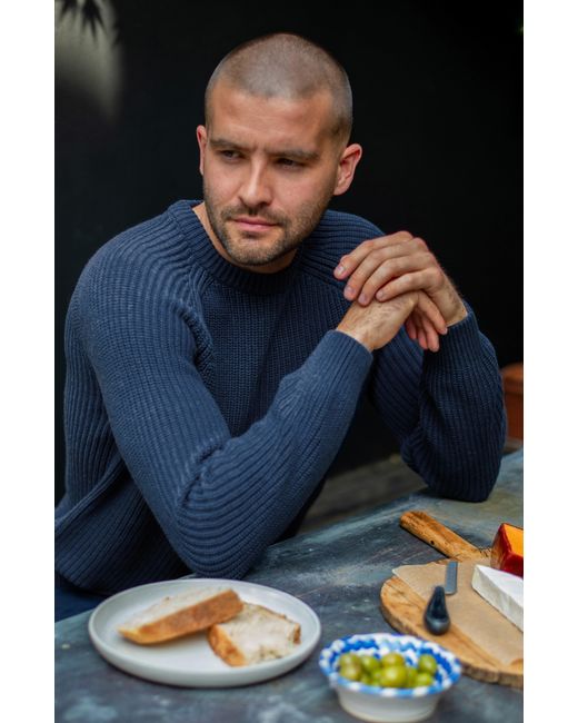 Paul James Knitwear Blue Heavyweight Cotton Fisherman Rib Knit Jumper for men
