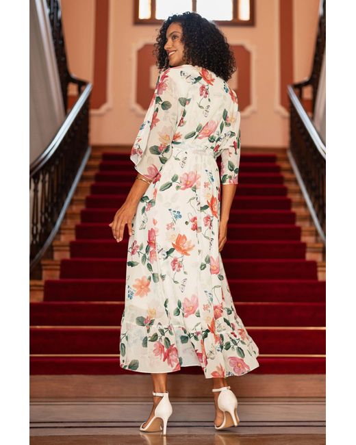 Yumi' White Neutrals Ivory Floral Print Wrap Midi Dress With Dipped Hem